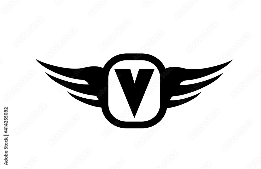 V alphabet letter logo for business and company with wings and black and white color. Corporate brading and lettering icon with simple design V alphabet letter logo for business and company with wings and black and white color. Corporate brading and lettering icon with simple design