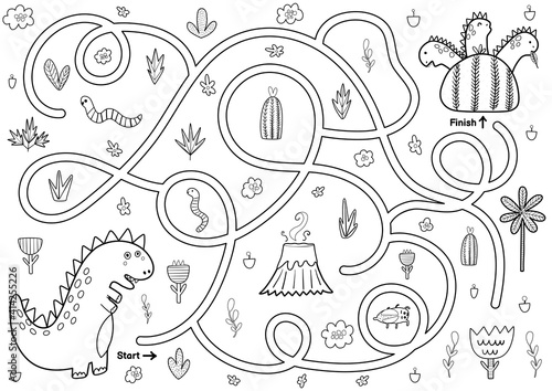 Black and white maze game for kids. Help the mother dinosaur find the way to her baby dinos. Printable labyrinth activity for children. Vector illustration