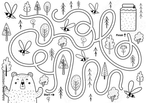 Black and white maze game for kids. Help the cute hungry bear find the way to honey. Printable labyrinth activity for children. Vector illustration