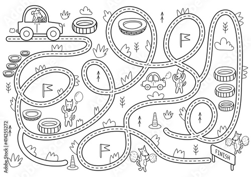 Black and white maze game for kids. Help the cute fog drive to finish. Printable labyrinth activity for children. Vector illustration