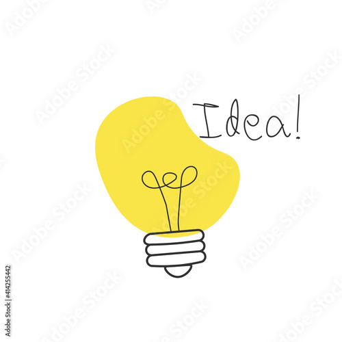 Hand drawn Vector light bulb icon with concept of idea. brainstorm and teamwork. Great idea eureka icon concept. Doodle hand drawn sign. Stock Vector illustration isolated on white background.