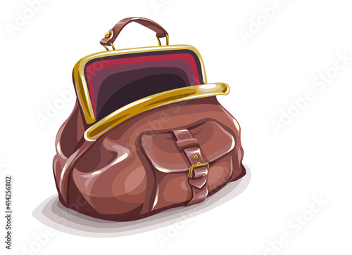 Retro purse bag open and empty with handle. Isolated cartoon stock graphics. Eps10 vector illustration.