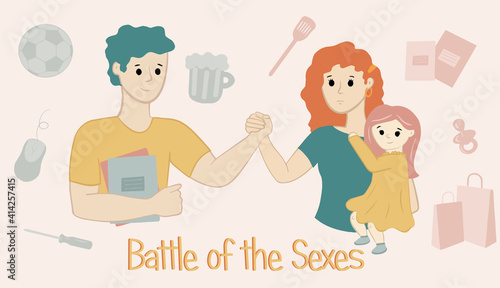 Battle of the sexes or gender fight. Man and woman arm wrestling. Equal opportunity to succeed. International women's day.