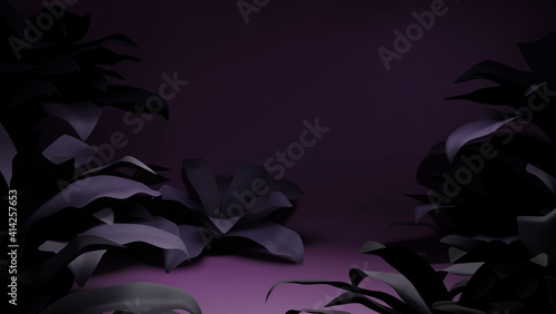 Realistic elegant dark tropical plant foliage scene illustration with empty space template for product showcase or placement vector background