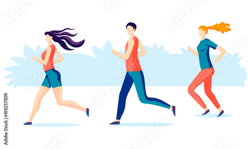 Vector illustration, sports lifestyle.
A man and women, dressed in sportswear, run a marathon. Running heroes in a flat style on a transparent background.