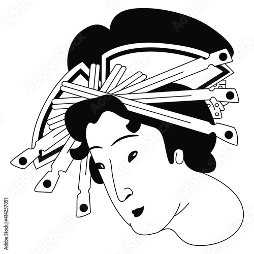 Head of Japanese woman with elaborate hairdo. Traditional style. Black and white silhouette.