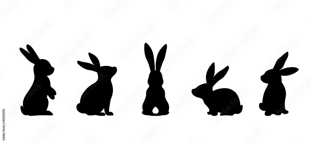 Silhouettes of easter bunnies isolated on a white background. Set of different rabbits silhouettes for design use. - obrazy, fototapety, plakaty 