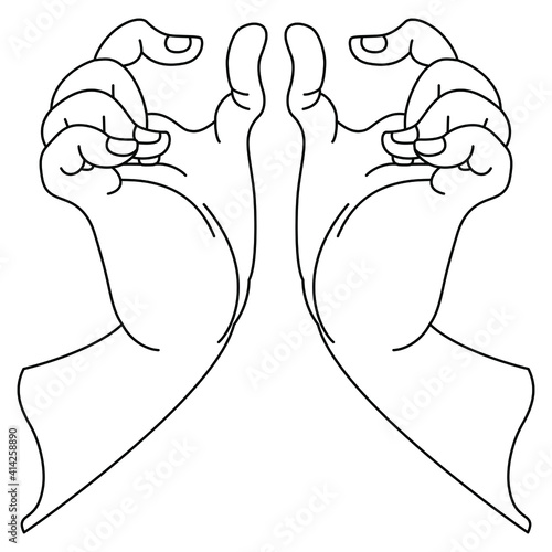 Symmetrical design with two human hands in pinching gesture. Oriental Asian style. Black and white linear silhouette.