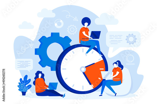 Time management web concept design with people. Employees work near big clock. Time management and efficiency composition in flat style. Vector illustration for social media promotional materials.
