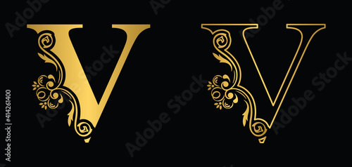 letter V. Golden flower alphabet. Beautiful capital letters.	
