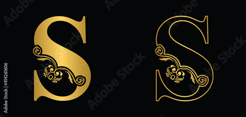 letter S. Golden flower alphabet. Beautiful capital letters.	
