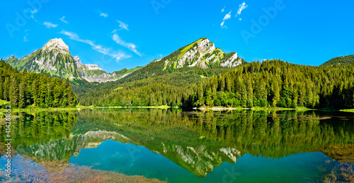 View of Brunnelistock mountain at Obersee lake in the Swiss Alps