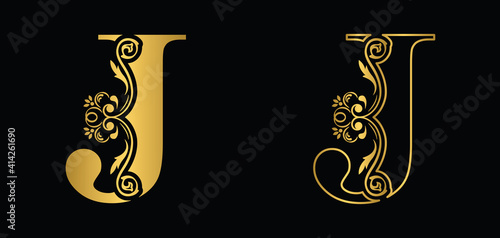 letter J. Golden flower alphabet. Beautiful capital letters.  