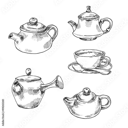 Hand drawn vector illustration of matcha, green tea cups and tea pot. Isolated ceremony images for design, packaging, menu