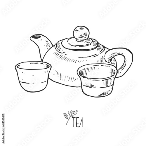 Hand drawn vector illustration of matcha, green tea cups and tea pot. Isolated ceremony images for design, packaging, menu