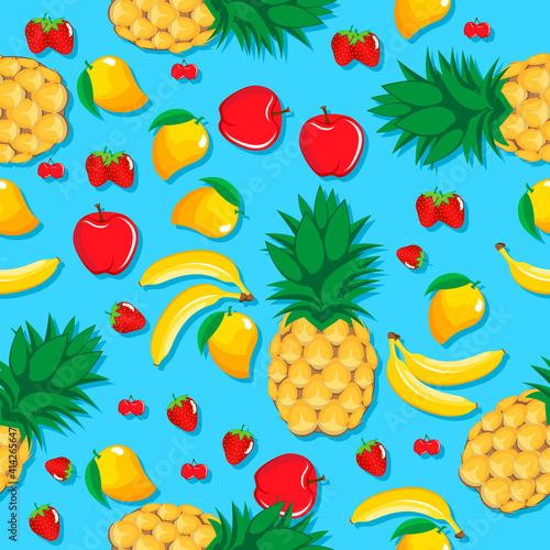 Fototapeta Naklejka Na Ścianę i Meble -  mango pineapple apple strawberry banana cherry mix fruits seamless pattern on aqua blue background for wallpaper, pattern, web, blog, surface, textures, graphic & printing