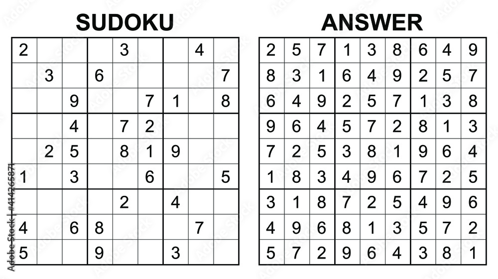 Vector sudoku with answer. Educational game with numbers for kids and leisure for adult on white background. - obrazy, fototapety, plakaty 