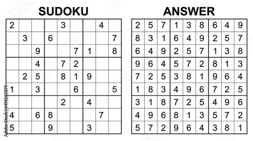 Vector sudoku with answer. Educational game with numbers for kids and leisure for adult on white background.