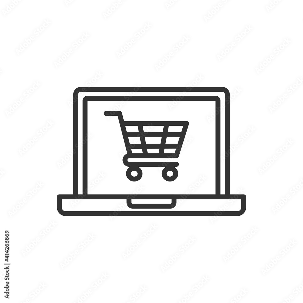 Computer display with shopping cart line icon, outline vector sign, linear style pictogram isolated on white. Computer display with shopping cart line icon, outline vector sign, linear style pictogram isolated on white.