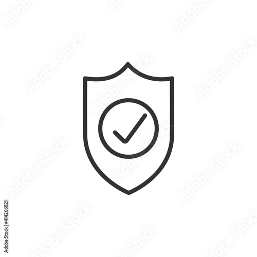 Shield with check mark line icon. Security, reliability, protection, safety concepts. Simple thin line design. Vector icon