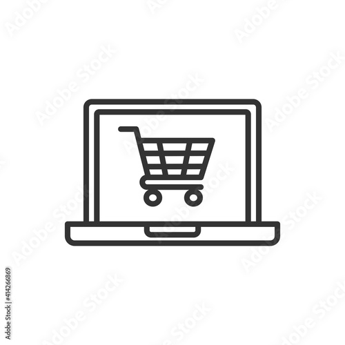 Computer display with shopping cart line icon, outline vector sign, linear style pictogram isolated on white.