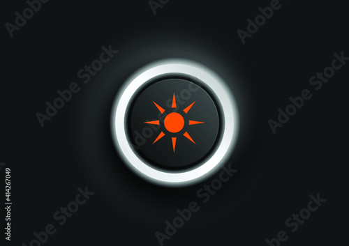 Button with sun or heat air condition control icon in white grow outline buttons on a black background