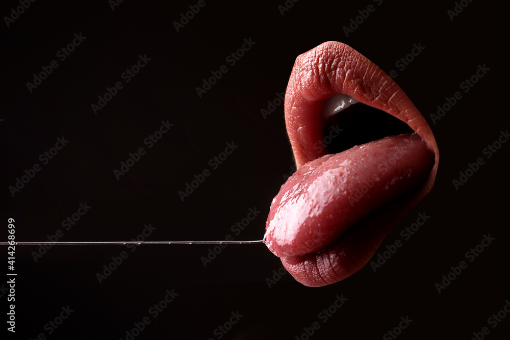 Closeup erotic mouth. Woman sexy tongue. Desire, sensual seductive.  Stock-Foto | Adobe Stock