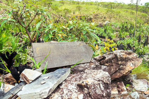 One wooden board indicating the direction to the right, on top of rocks. Path to follow in the woods. Landscape of the Brazilian Cerrado. No writings on the wooden board.