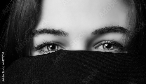 the girl's eyes, black and white