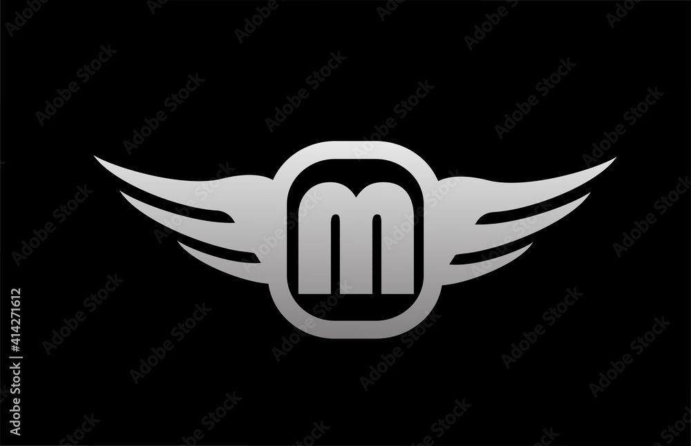 M alphabet letter logo for business and company with wings and black and white grey color. Corporate brading and lettering icon with simple design M alphabet letter logo for business and company with wings and black and white grey color. Corporate brading and lettering icon with simple design