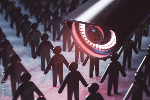 Foto Video surveillance and technology concept with CCTV camera and figures of people