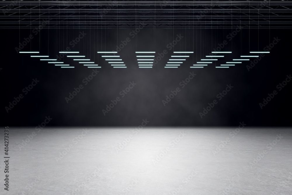 Modern empty hall room with concrete floor, black wall and led lights in a row on black top. Mockup - obrazy, fototapety, plakaty 