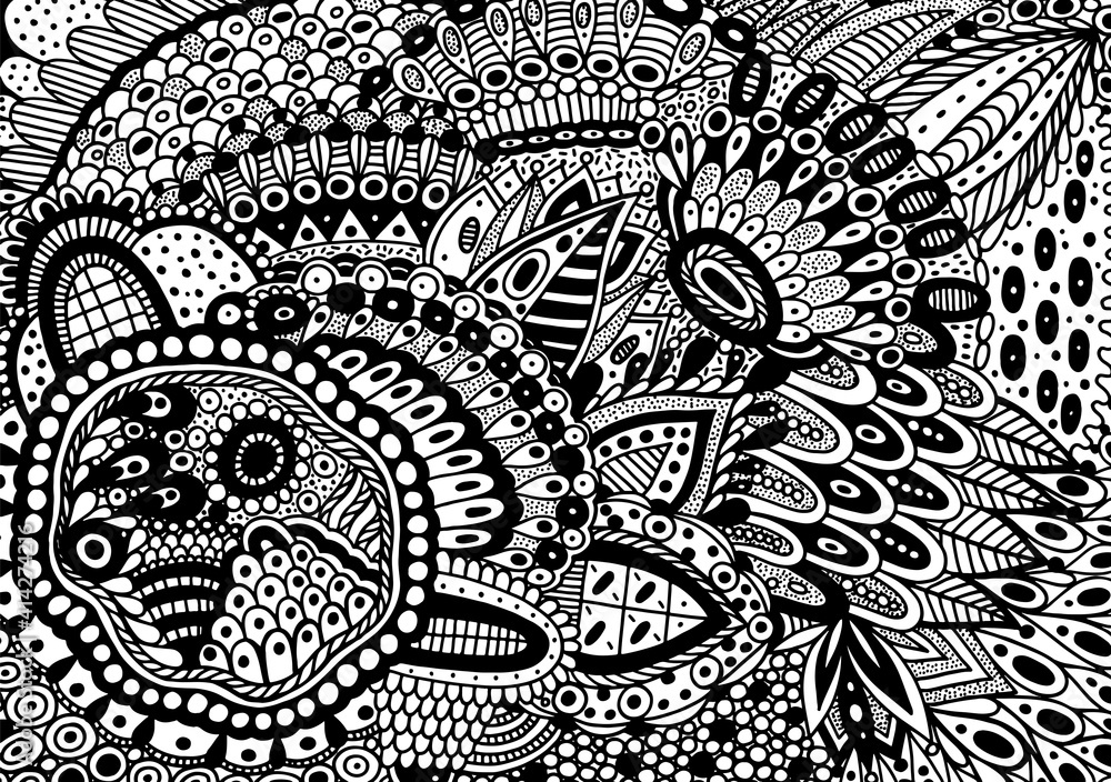 Flower ornament with patterns and leaves. Zendoodle fantastic coloring page for adults. Abstract trippy pattern. Psychedelic art. Vector artwork Flower ornament with patterns and leaves. Zendoodle fantastic coloring page for adults. Abstract trippy pattern. Psychedelic art. Vector artwork