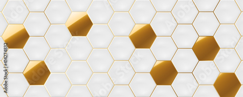 White and gold hexagon ceramic tiles. Modern seamless pattern, white and gold colored hexagon ceramic tiles. 