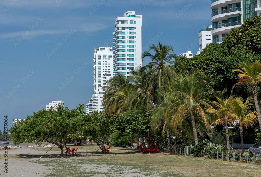 Beach with palm trees in the Castillogrande neighborhood of Cartagena. 