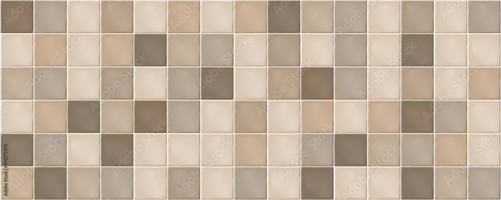 Beige rustic mosaic ceramic tiles. Seamless pattern, mosaic of square beige and brown rustic tiles.
 - obrazy, fototapety, plakaty 
