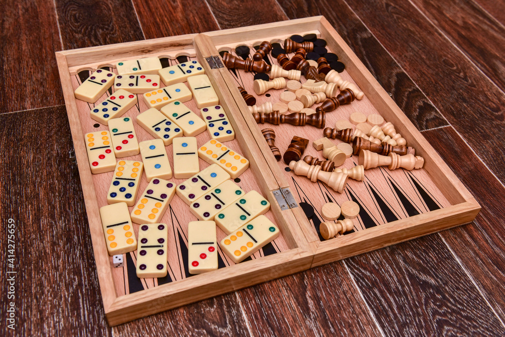 checkers, chess, dominoes and backgammon. set of board games.