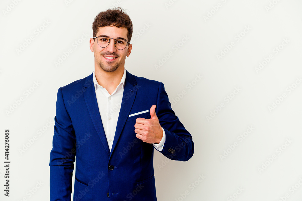 Young business caucasian man isolated on white background smiling and raising thumb up Young business caucasian man isolated on white background smiling and raising thumb up