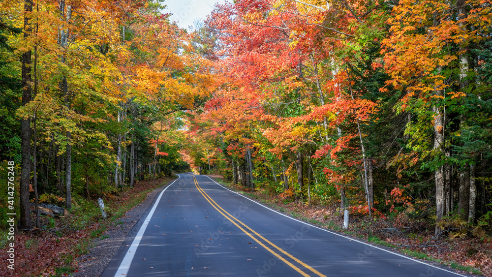 Autumn scenic drive through the tunnel of Trees of Michigan Upper Peninsula UP - Highway 41  M26