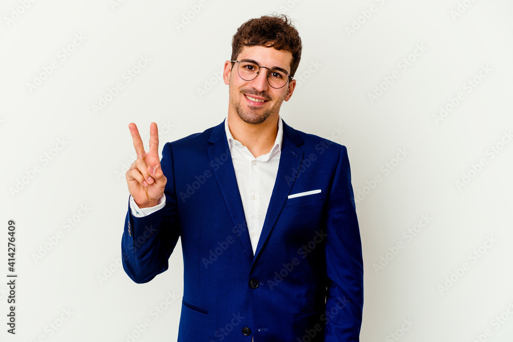 Young business caucasian man isolated on white background showing number two with fingers. Young business caucasian man isolated on white background showing number two with fingers.