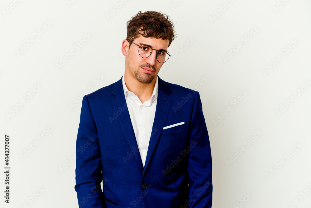 Young business caucasian man isolated on white background sad, serious face, feeling miserable and displeased. Young business caucasian man isolated on white background sad, serious face, feeling miserable and displeased.