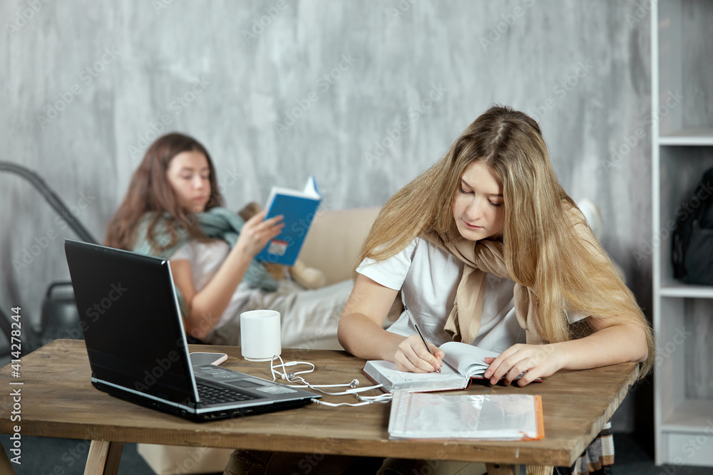 Two cute students are preparing for the exam together with the help of a laptop and a phone. Online distance learning. Student life, the concept of education. Two cute students are preparing for the exam together with the help of a laptop and a phone. Online distance learning. Student life, the concept of education.