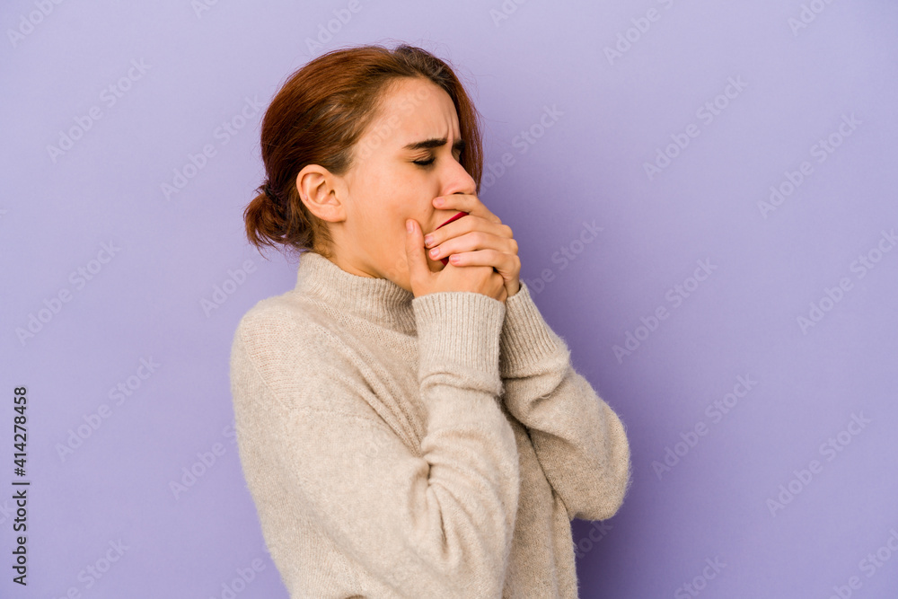 Young arab mixed race woman suffers pain in throat due a virus or infection. Young arab mixed race woman suffers pain in throat due a virus or infection.