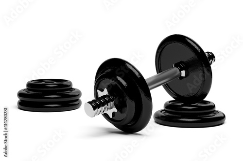 Fitness gym dumbbell with chrome handle and black plates stack over white background, muscle exercise, bodybuilding or fitness concept