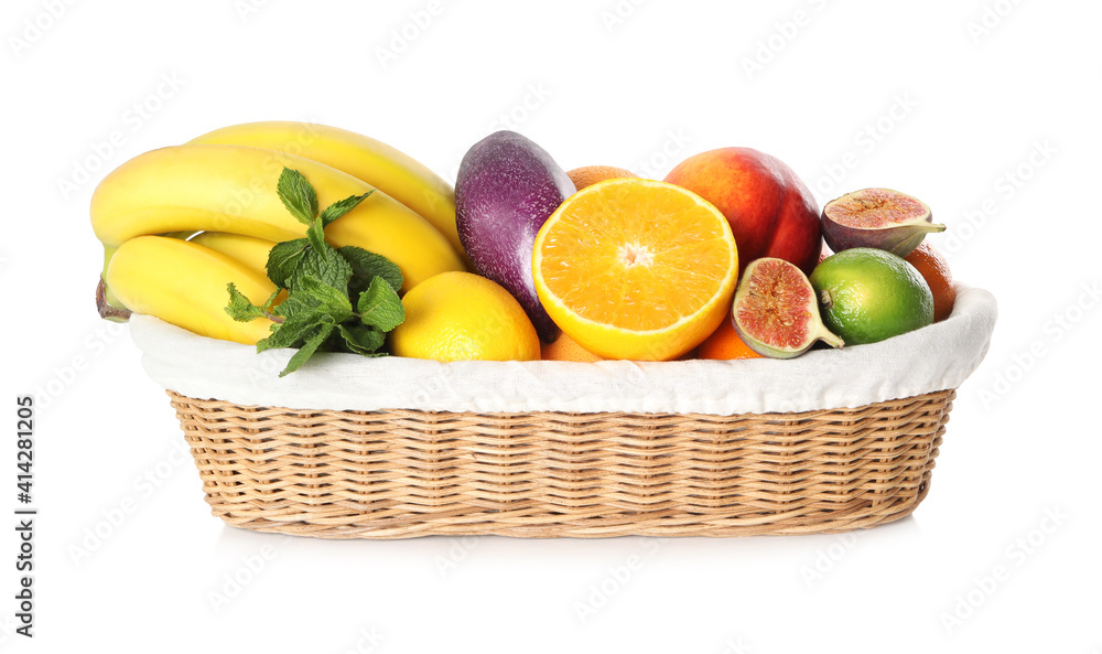 Assortment of fresh exotic fruits in basket on white background Assortment of fresh exotic fruits in basket on white background