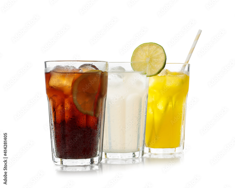 Delicious refreshing drinks in glasses on white background Delicious refreshing drinks in glasses on white background