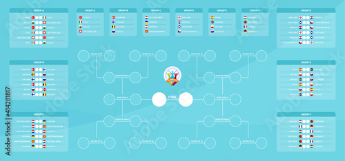 Match schedule, template for web, print, football results table, flags of European countries participating to the final tournament of european football championship 2020. vector illustration