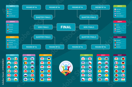 Match schedule, template for web, print, football results table, flags of European countries participating to the final tournament of european football championship 2024 vector illustration