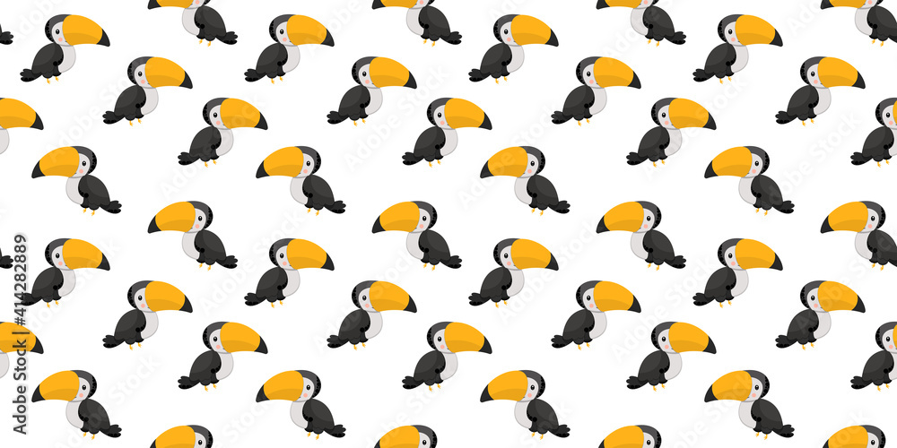 Seamless pattern of cartoon cute rainbow toucan characters with big yellow beak, smile and ruddy cheeks on white background. Exotic tropical birds. Digital paper. Vector. Seamless pattern of cartoon cute rainbow toucan characters with big yellow beak, smile and ruddy cheeks on white background. Exotic tropical birds. Digital paper. Vector.