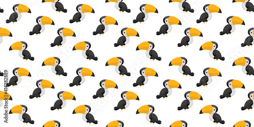 Seamless pattern of cartoon cute rainbow toucan characters with big yellow beak, smile and ruddy cheeks on white background. Exotic tropical birds. Digital paper. Vector. © Яна Борисова